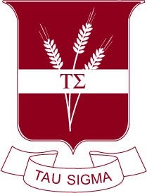 Tau Sigma Honor Society logo. Image is a red square with a pointed curve at the bottom. In the box are the greek letters, T E in a white banner. Behind the banner are three wheat stalks. 